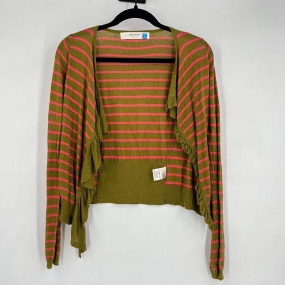 Anthropologie Sparrow Traveling Stripes Linen Cardigan XS Ruffles Green Pink‎ - Picture 2 of 10